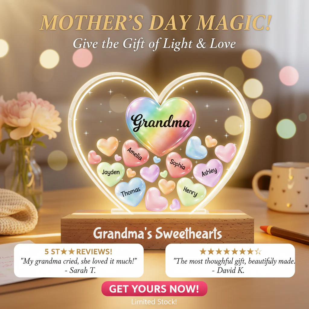 Grandma's Sweethearts In Heart - Personalized Acrylic Block Plaque LED Night Light - Gift For Grandma - Image 9