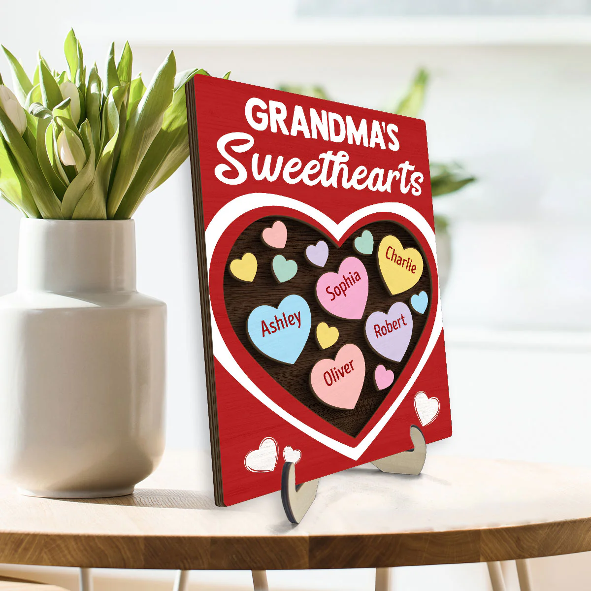 Grandma‘s Sweethearts Red Themed Valentine’s Day Gift For Grandma Personalized 2-Layer Wooden Plaque - Image 3