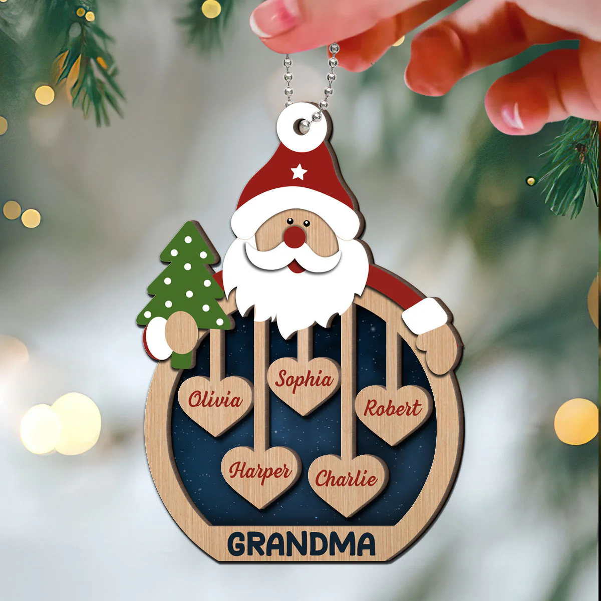 Grandma's Sweethearts Santa Claus Personalized Christmas 2-Layer Wooden Ornament - Image 3