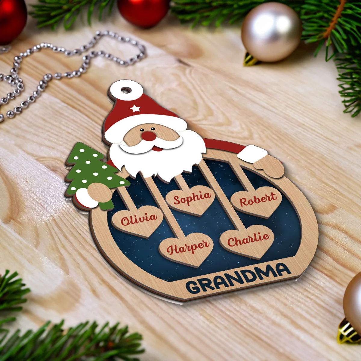 Grandma's Sweethearts Santa Claus Personalized Christmas 2-Layer Wooden Ornament - Image 4
