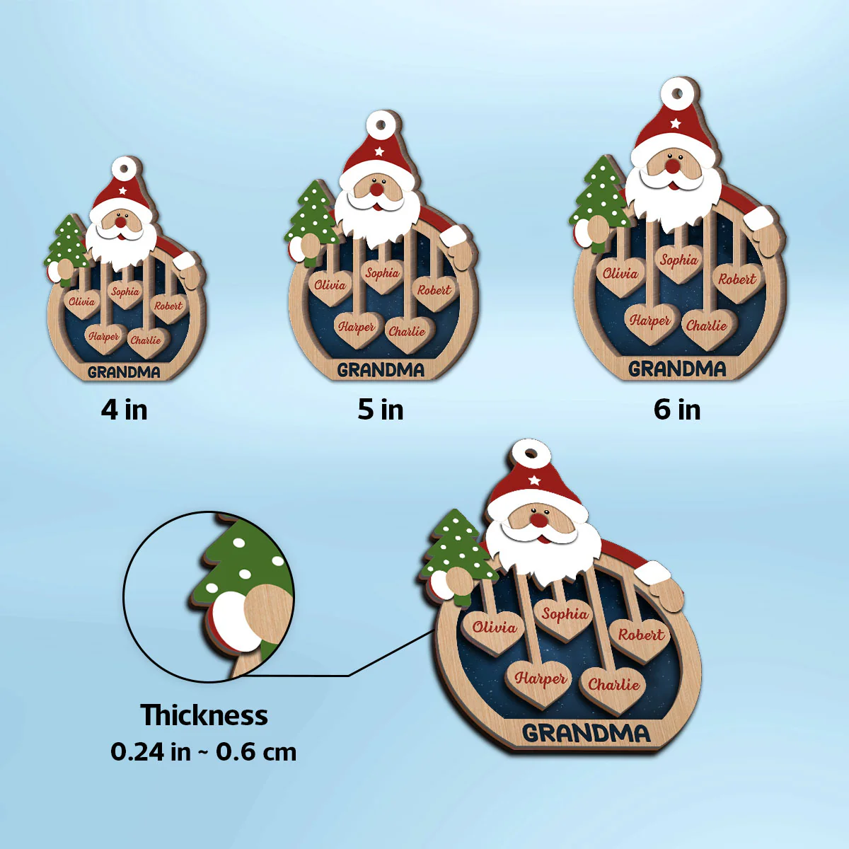 Grandma's Sweethearts Santa Claus Personalized Christmas 2-Layer Wooden Ornament - Image 9