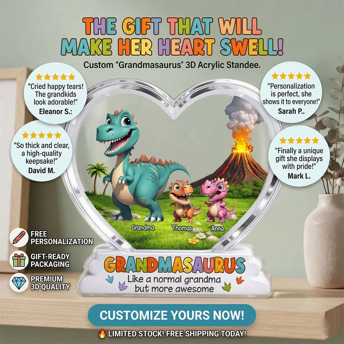 Grandmasaurus And Kids Cartoon Dinosaurs - Personalized Acrylic Block Plaque - Mother's Day Gift For Grandma - Image 12