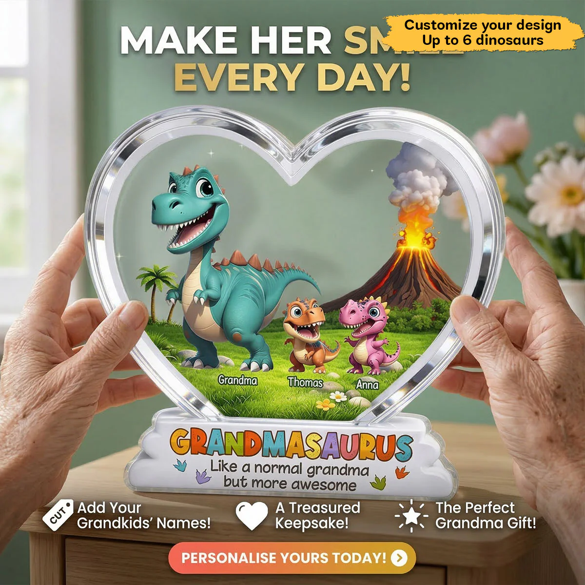 Grandmasaurus And Kids Cartoon Dinosaurs - Personalized Acrylic Block Plaque - Mother's Day Gift For Grandma - Image 13