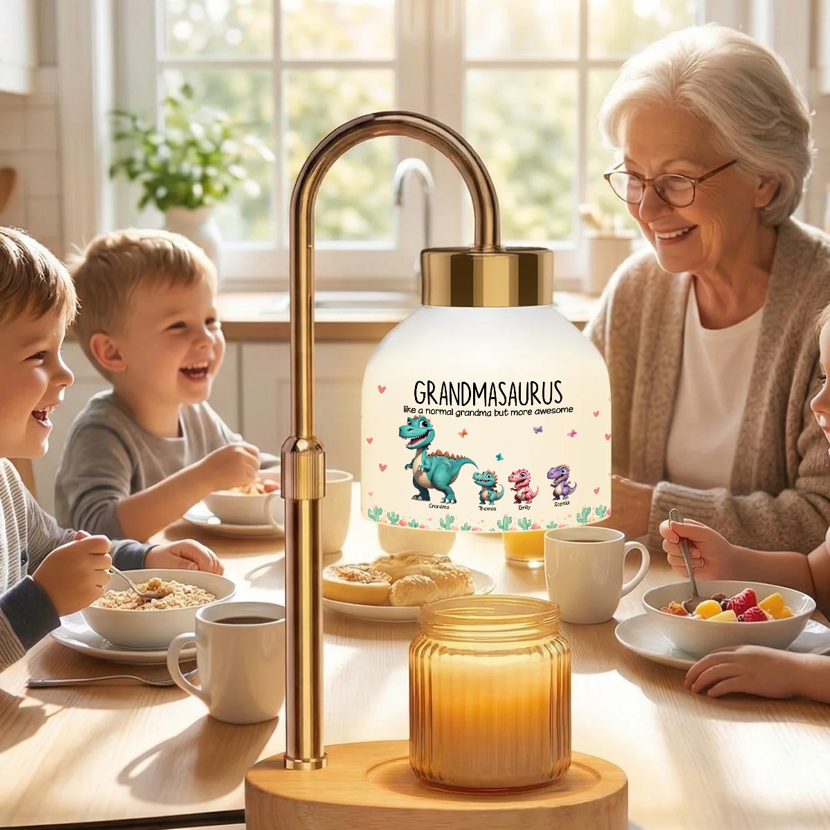 Grandmasaurus And Kids Cartoon Dinosaurs - Personalized Candle Warmer Lamp - Mother's Day Gift For Grandma - Image 2
