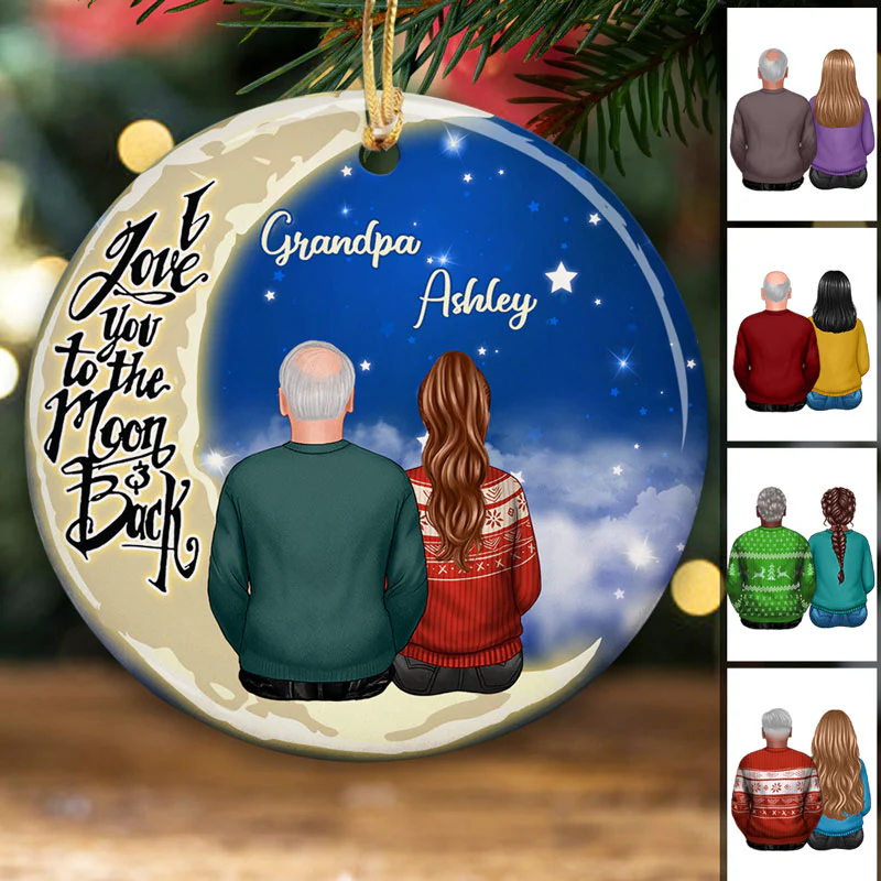 Grandpa Adult Grandchildren On Moon Personalized Circle Ornament - Image 2