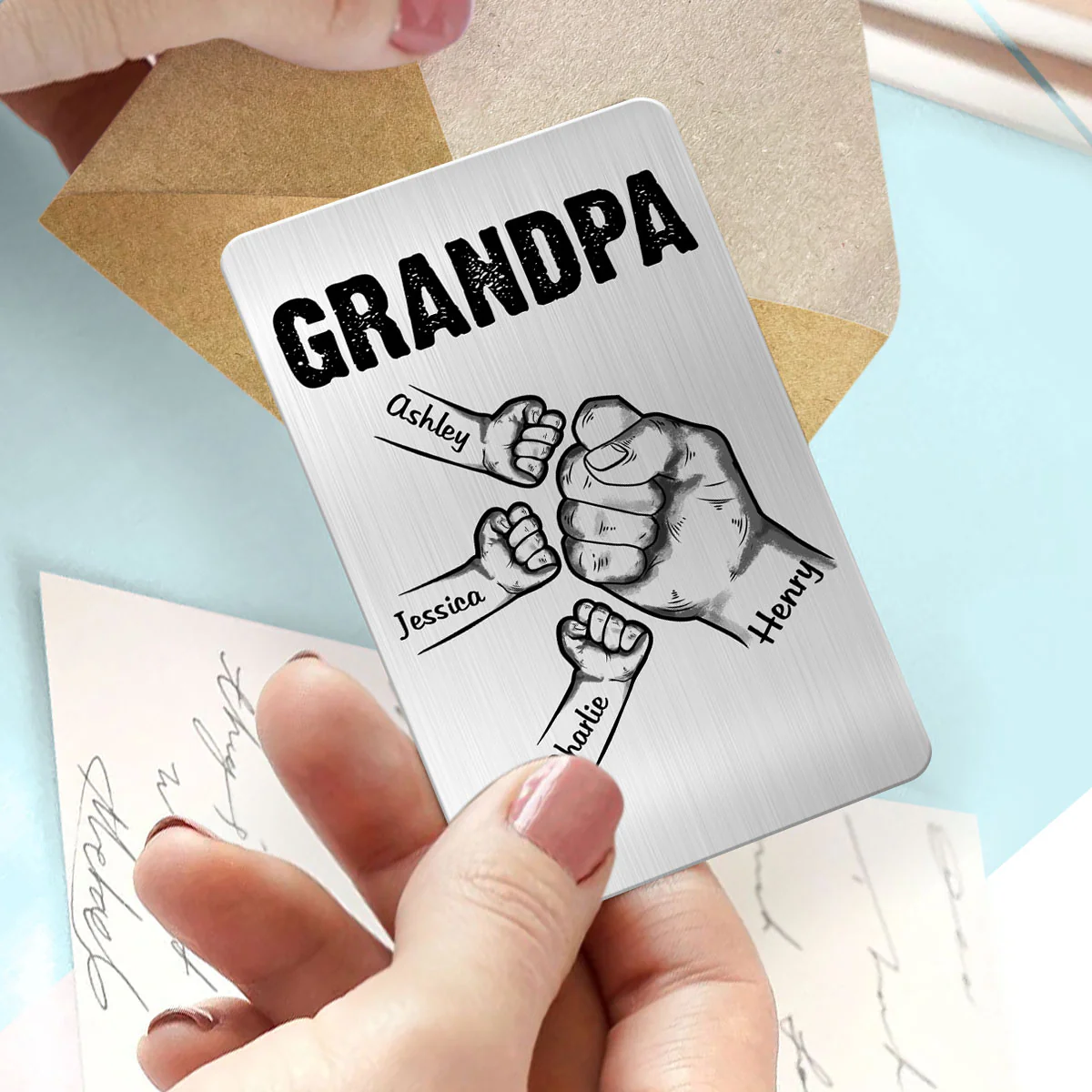 Grandpa Dad Fist Bump Hands Gift For Dad Grandpa Personalized Metal Wallet Card - Image 3