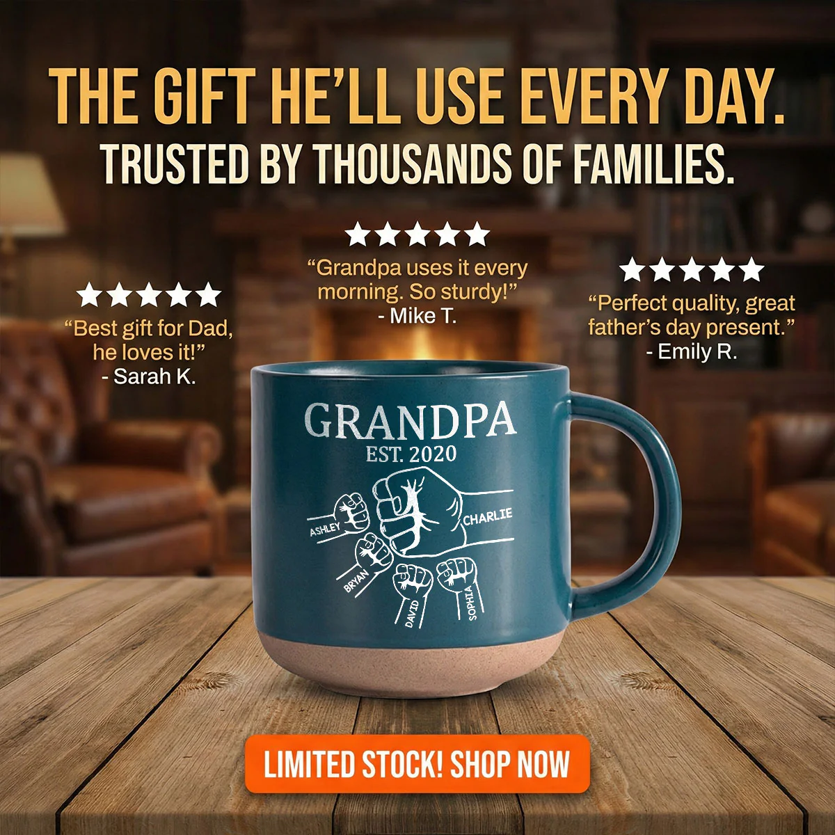 Grandpa Dad Fist Bump - Personalized Pottery Mug - Gift For Grandpa, Dad - Image 2