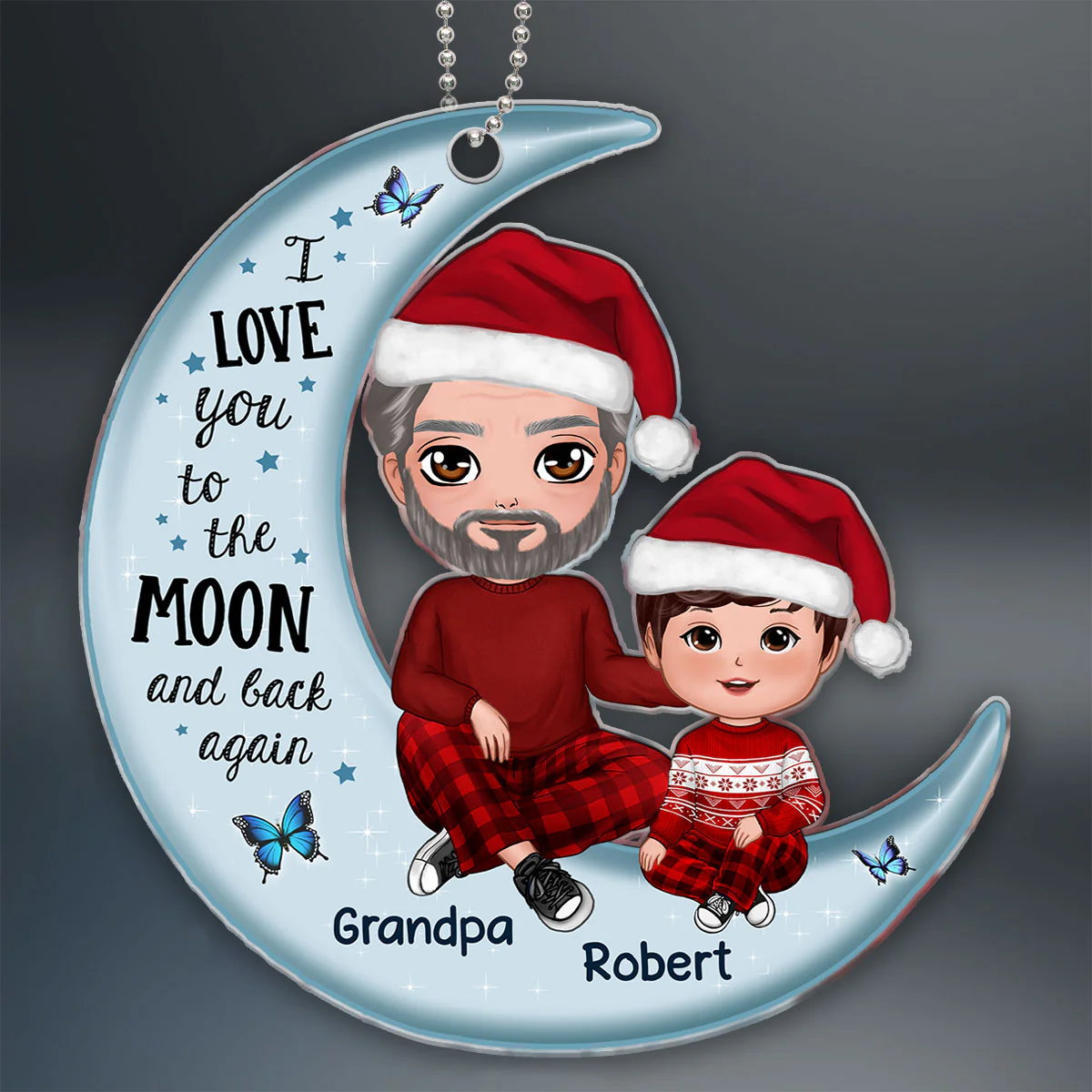 Grandpa Dad & Kid On Moon Christmas Gift Personalized Acrylic Ornament - Image 2