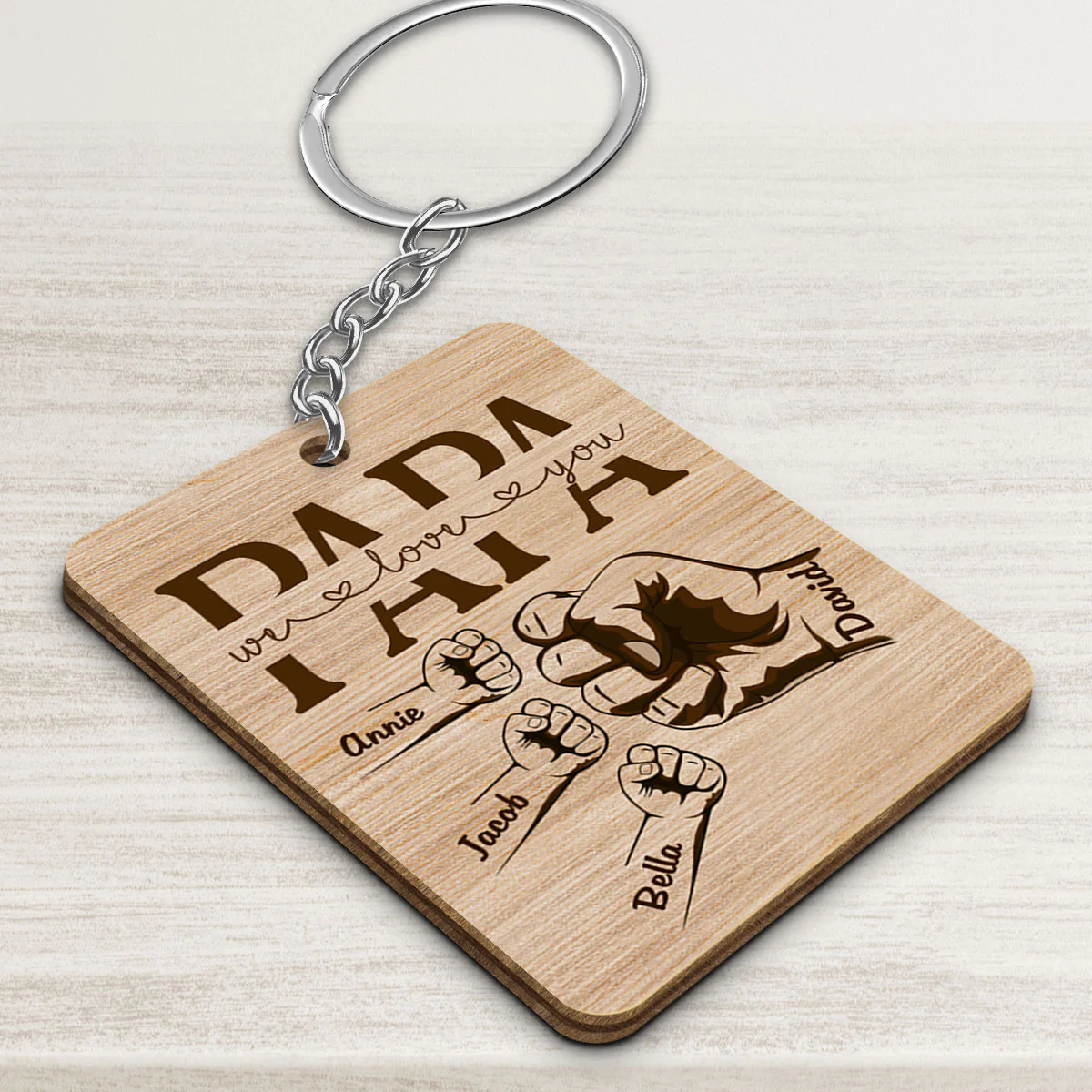 Grandpa Dad We Love You Fist Bump Personalized Wooden Keychain - Image 3