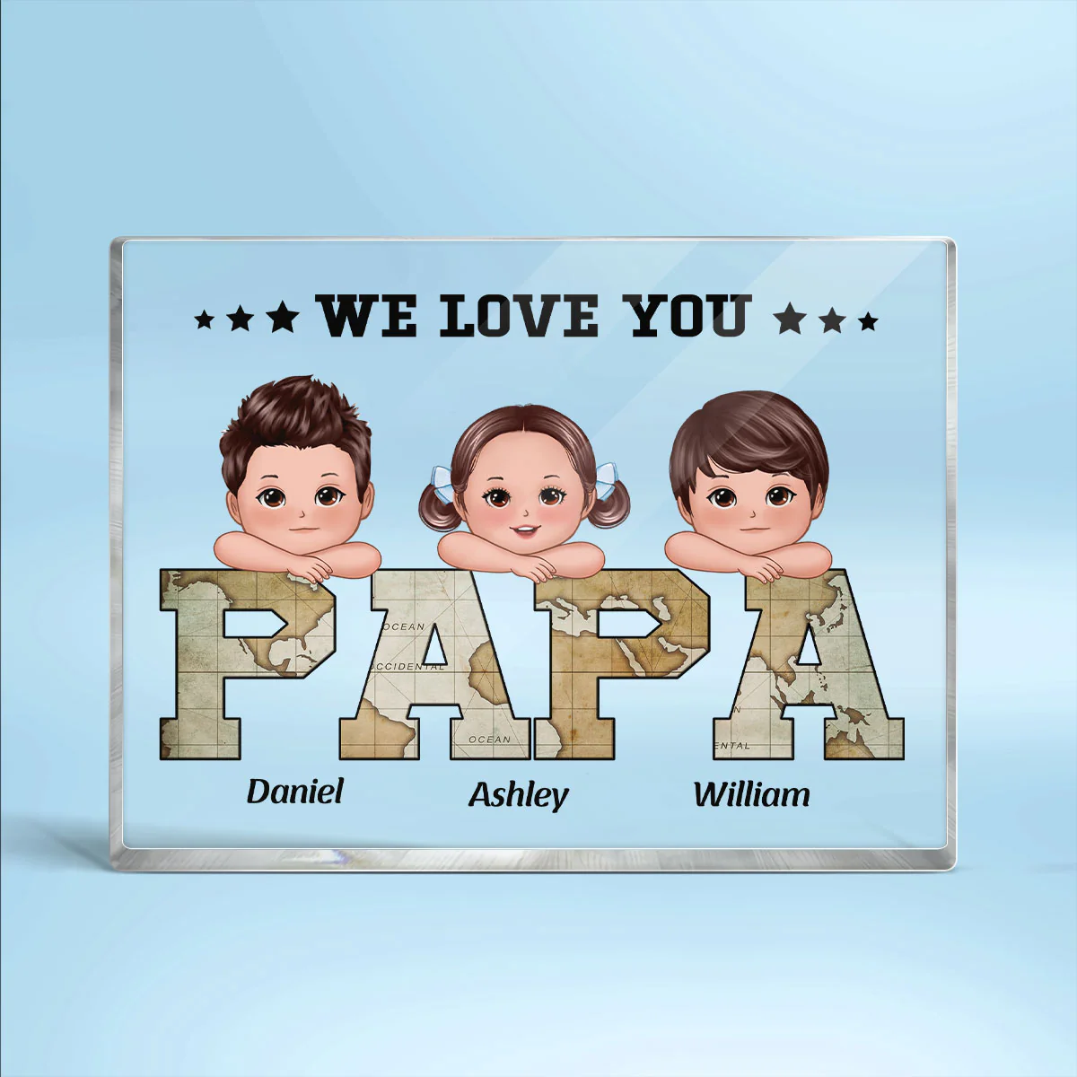 Grandpa Dad We Love You World Map Pattern Doll Kids On Hand Personalized Horizontal Rectangle Acrylic Block Plaque - Image 2