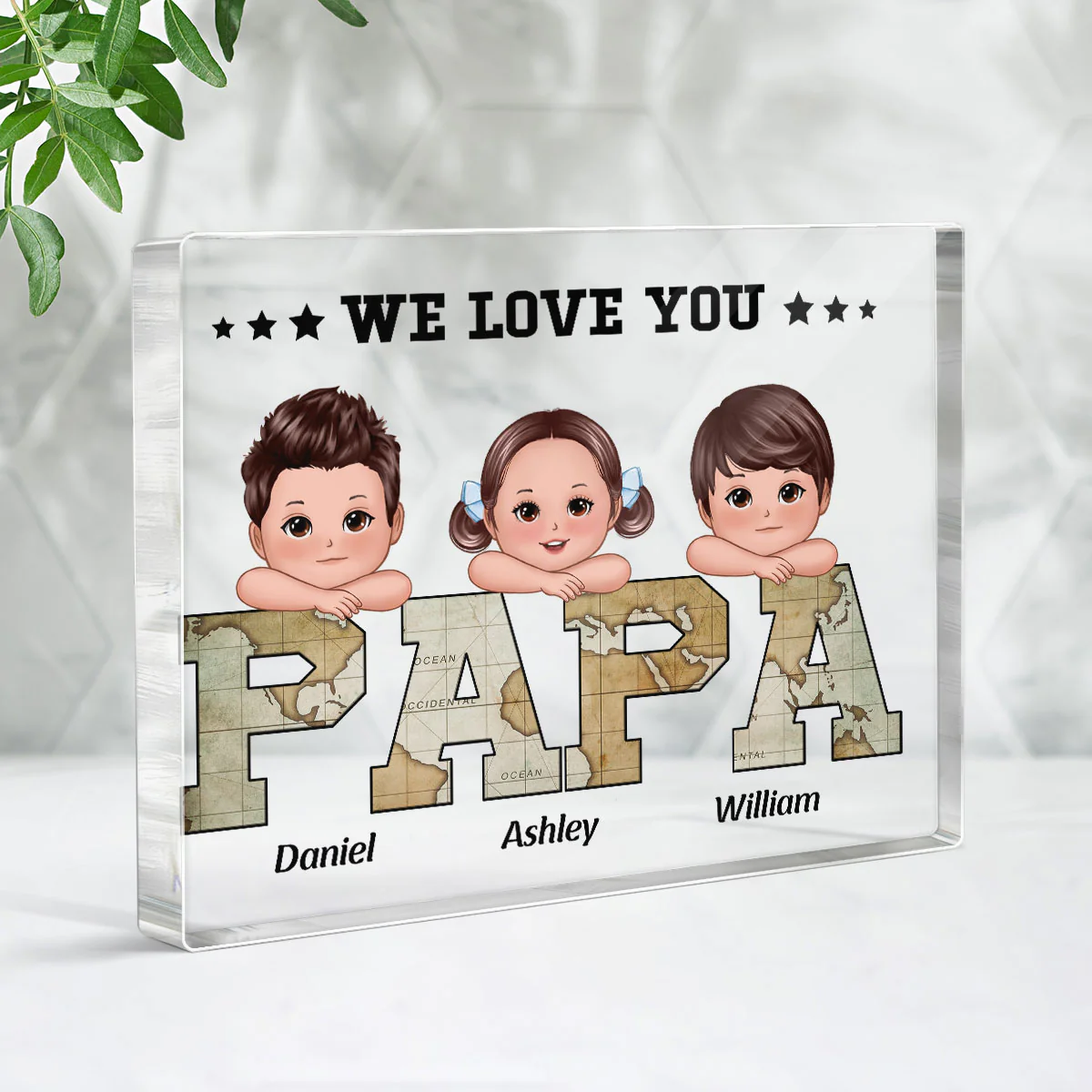 Grandpa Dad We Love You World Map Pattern Doll Kids On Hand Personalized Horizontal Rectangle Acrylic Block Plaque - Image 3