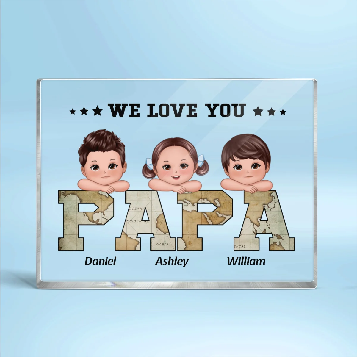Grandpa Dad We Love You World Map Pattern Doll Kids On Hand Personalized Horizontal Rectangle Acrylic Block Plaque - Image 4