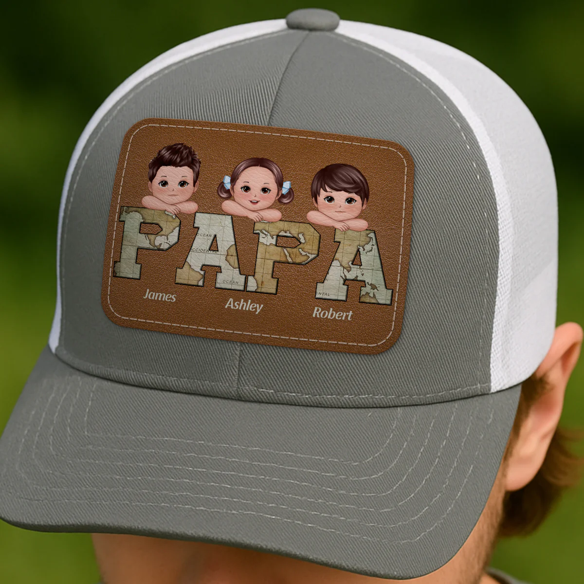Grandpa Dad We Love You World Map Pattern Doll Kids On Hand Personalized Leather Patch Hat - Image 2