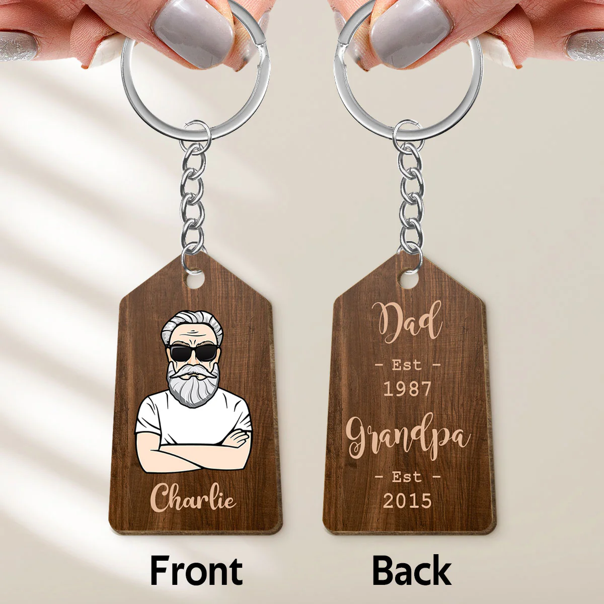 Grandpa Est. Gift For Grandpa Personalized Wooden Keychain - Image 4