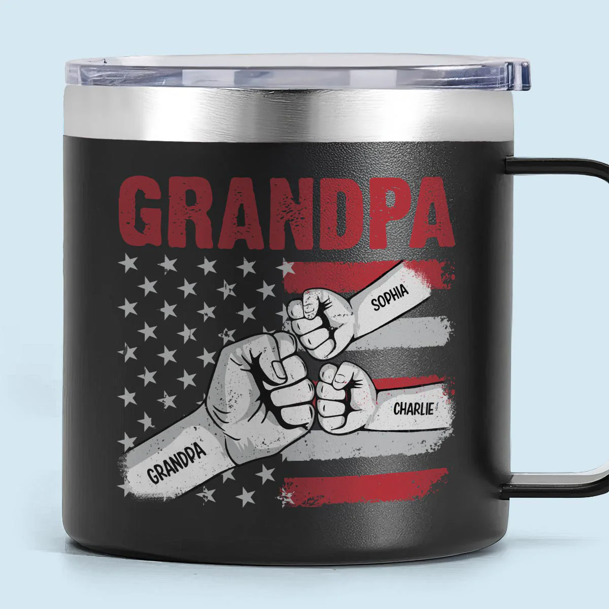 Grandpa Fist Bump Nation Flag Personalized Stainless Steel Tumbler With Handle, Birthday Gift For Grandpa, Father's Day Gift or Just Because