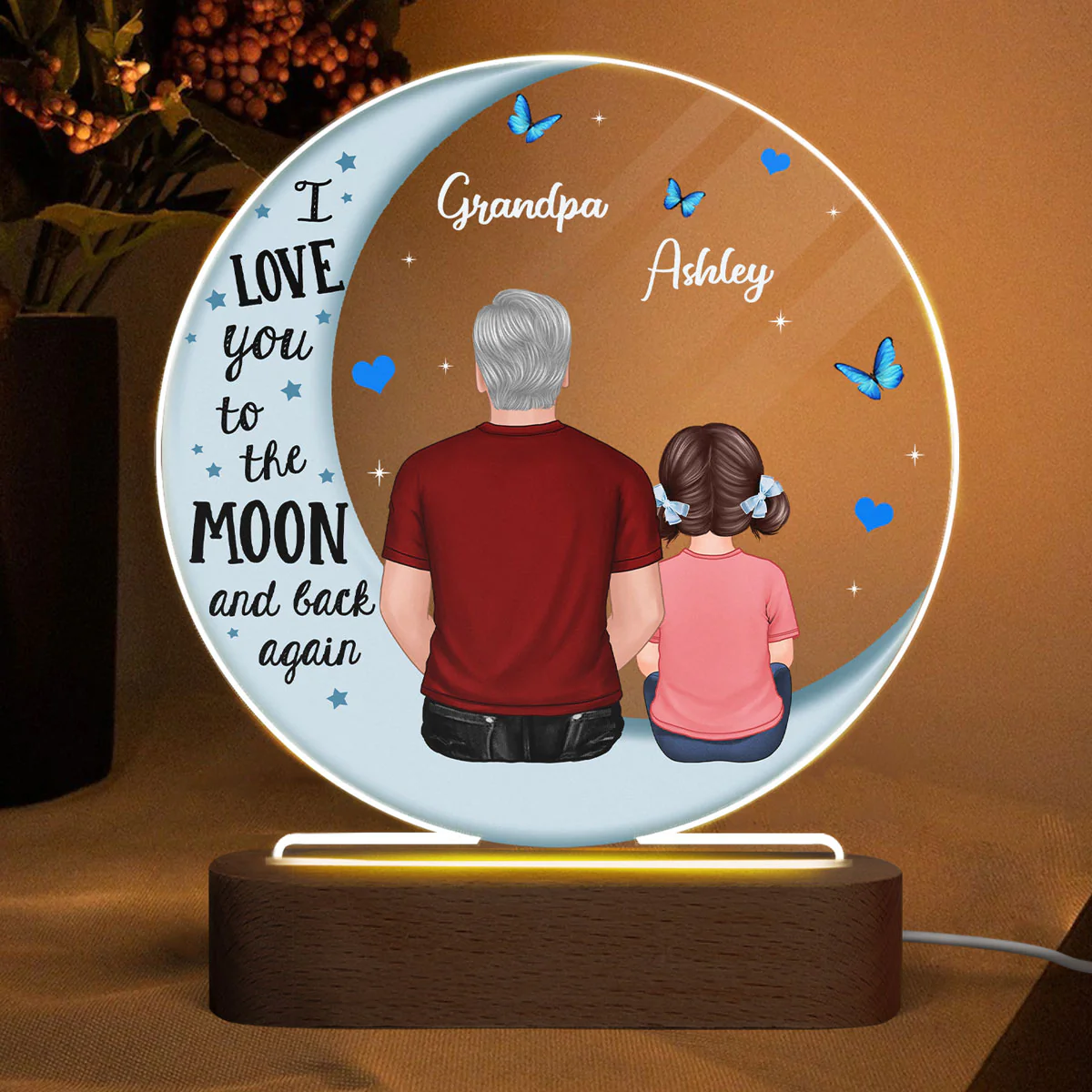 Grandpa Grandkids Blue Moon Personalized Circle LED Night Light Acrylic LED Lamp
