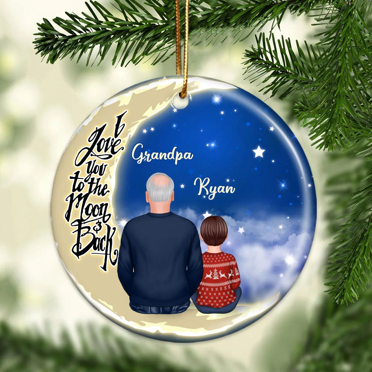 Grandpa Grandkids On Moon Personalized Circle Ornament - Image 3