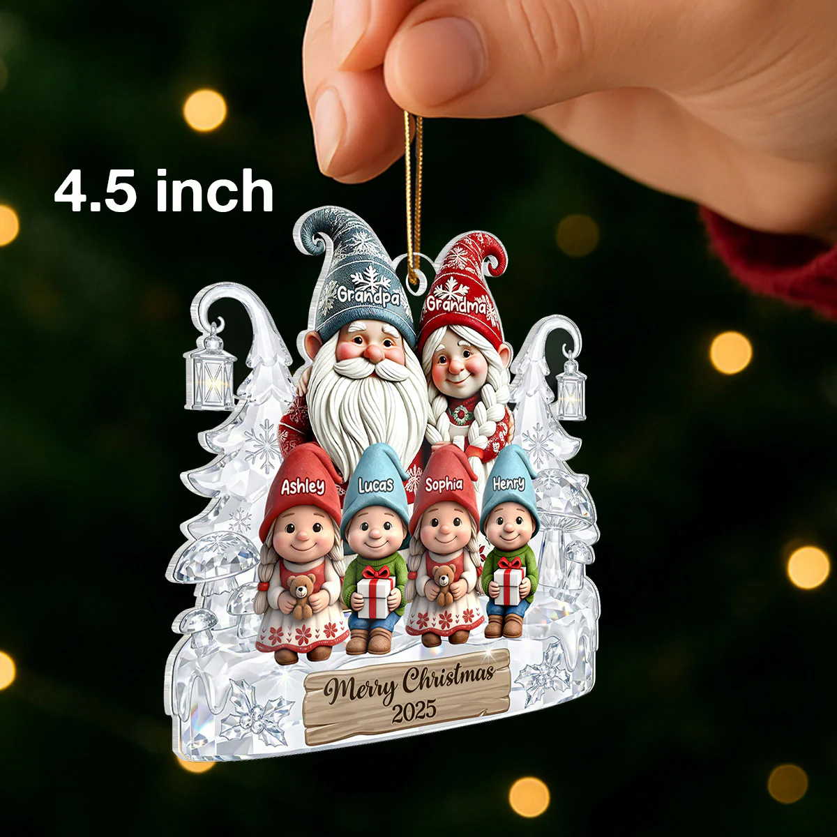 Grandpa Grandma And Grandkids Gnome Crystal Pattern - Personalized Acrylic Ornament - Heartwarming Christmas Gift For Grandma, Grandpa, Family - Image 2