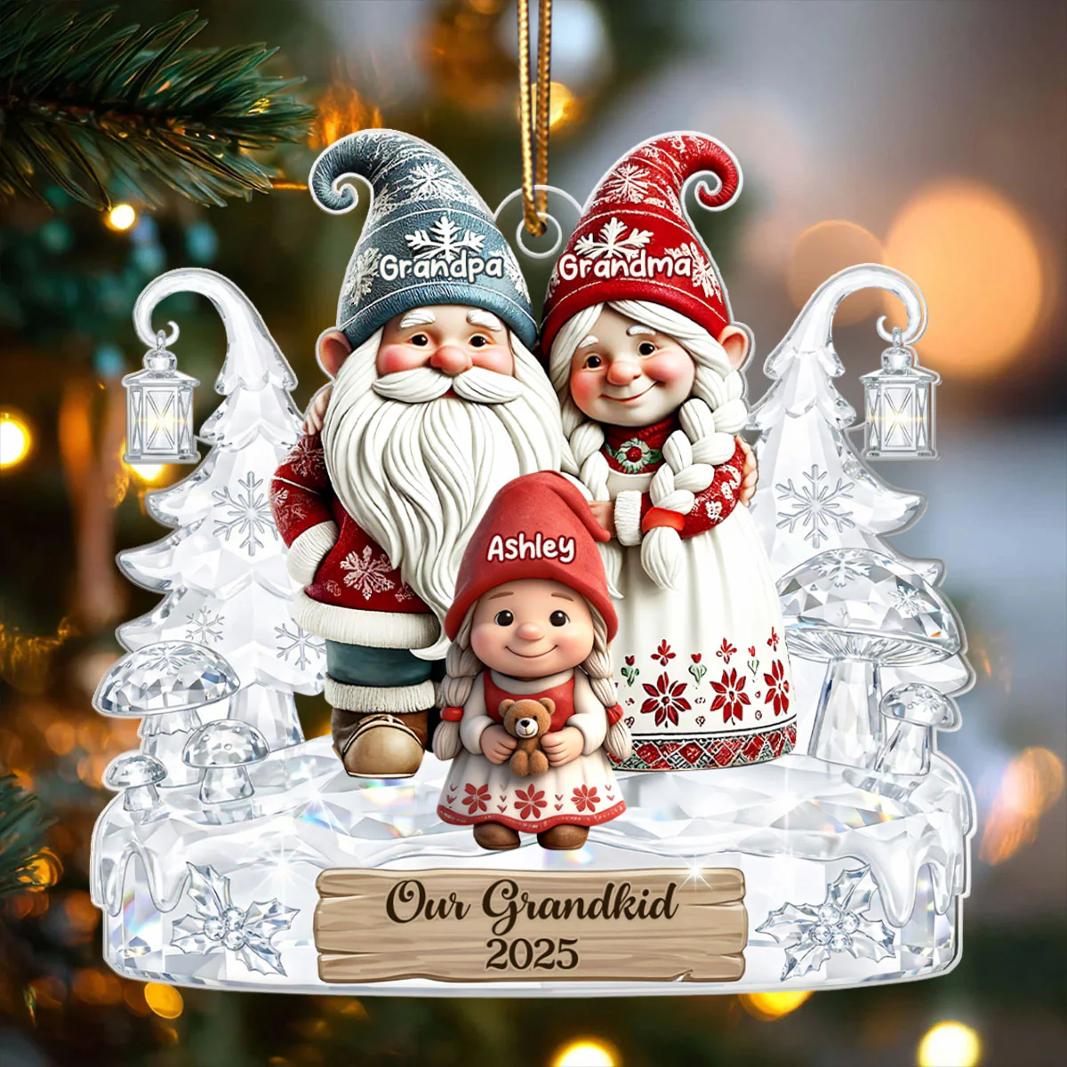 Grandpa Grandma And Grandkids Gnome Crystal Pattern - Personalized Acrylic Ornament - Heartwarming Christmas Gift For Grandma, Grandpa, Family - Image 3