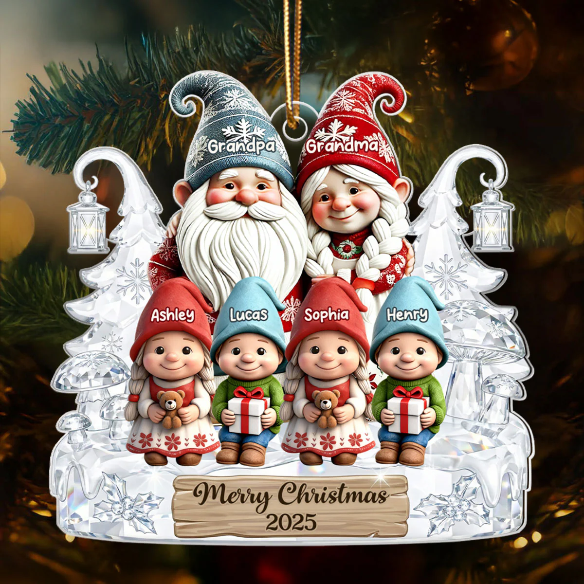 Grandpa Grandma And Grandkids Gnome Crystal Pattern - Personalized Acrylic Ornament - Heartwarming Christmas Gift For Grandma, Grandpa, Family - Image 4