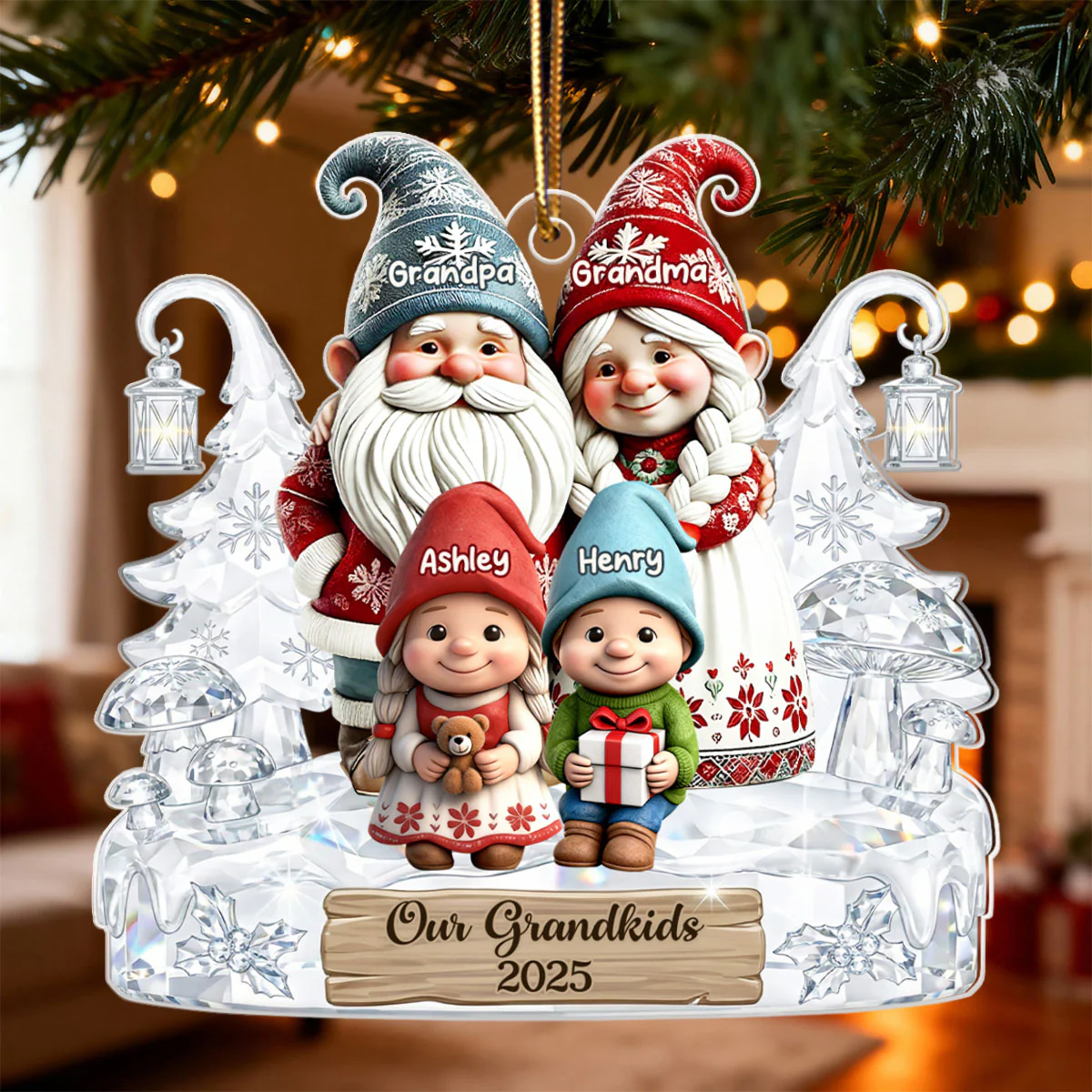 Grandpa Grandma And Grandkids Gnome Crystal Pattern - Personalized Acrylic Ornament - Heartwarming Christmas Gift For Grandma, Grandpa, Family - Image 5