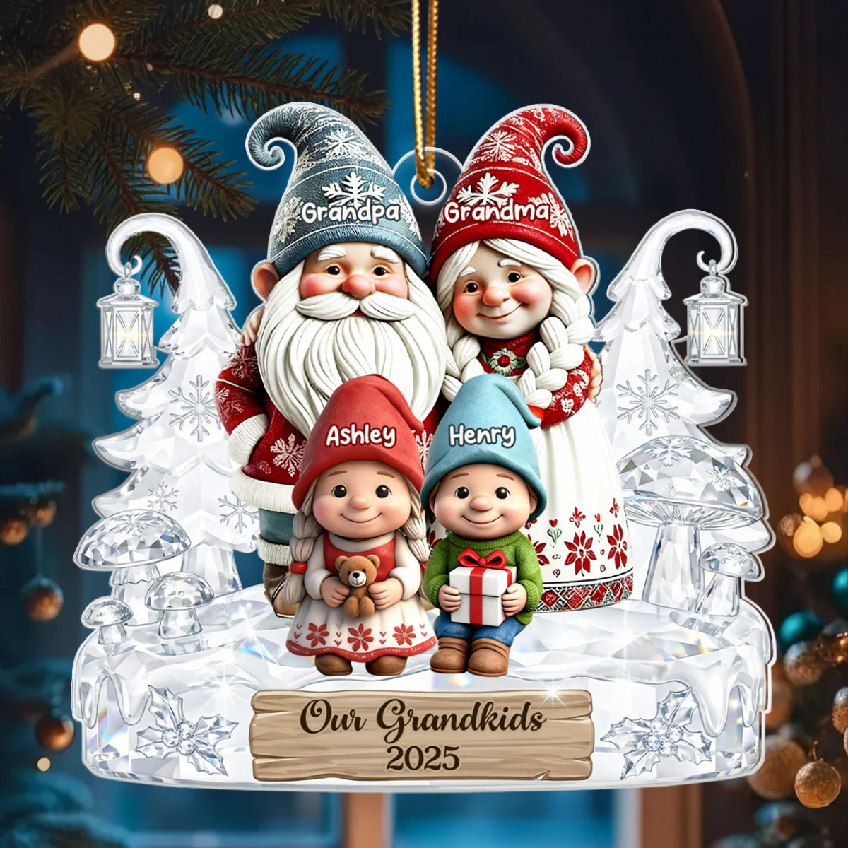 Grandpa Grandma And Grandkids Gnome Crystal Pattern - Personalized Acrylic Ornament - Heartwarming Christmas Gift For Grandma, Grandpa, Family - Image 6