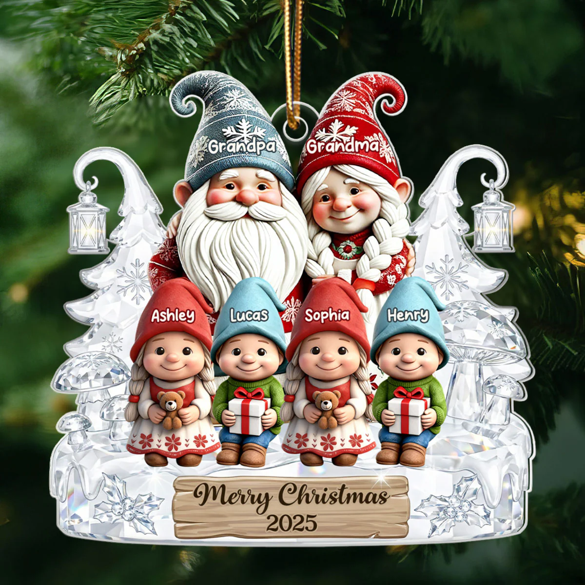 Grandpa Grandma And Grandkids Gnome Crystal Pattern - Personalized Acrylic Ornament - Heartwarming Christmas Gift For Grandma, Grandpa, Family - Image 7