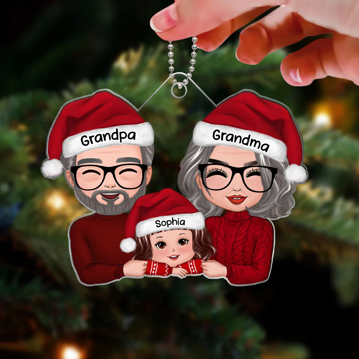 Grandpa Grandma & Grandkid Chin On Hands Christmas Gift Personalized Acrylic Ornament - Image 3