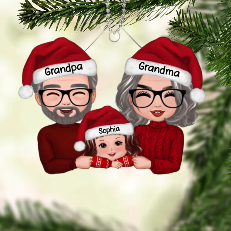 Grandpa Grandma & Grandkid Chin On Hands Christmas Gift Personalized Acrylic Ornament - Image 5