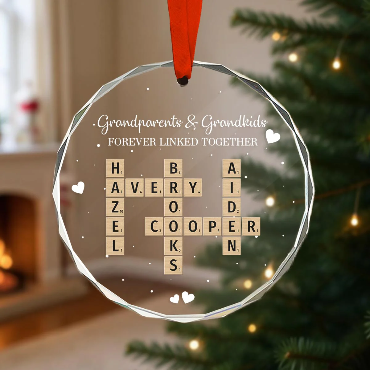 Grandpa Grandma Grandparents And Grandkids Forever Linked Together Crossword Puzzle Art Personalized Glass Ornament - Image 6