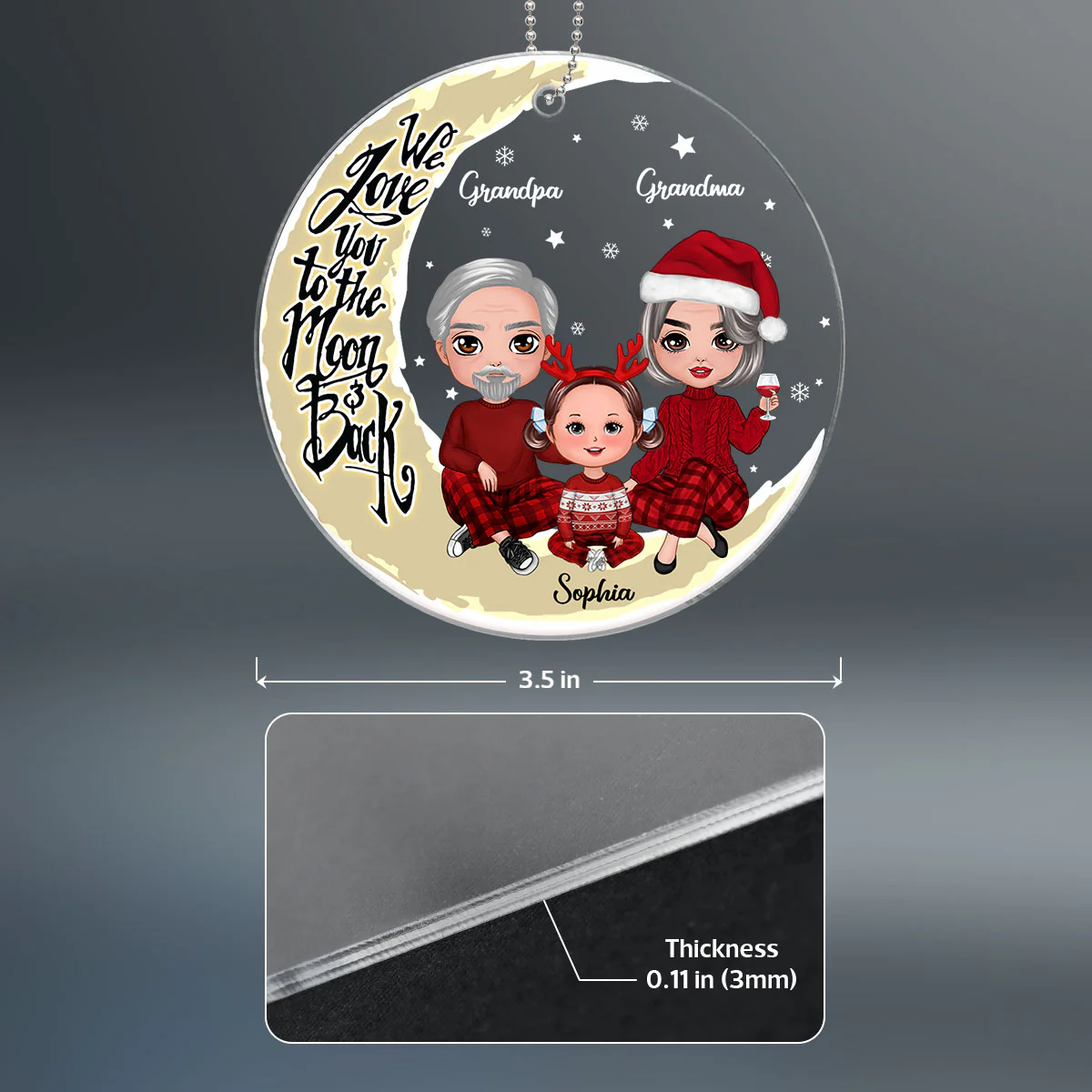 Grandpa Grandma Grandparents & Grandkid On Yellow Moon Personalized Acrylic Ornament - Image 4