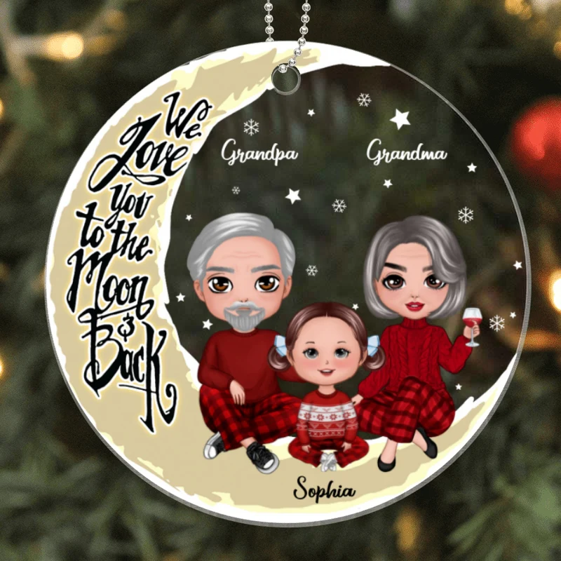 Grandpa Grandma Grandparents & Grandkid On Yellow Moon Personalized Acrylic Ornament - Image 5