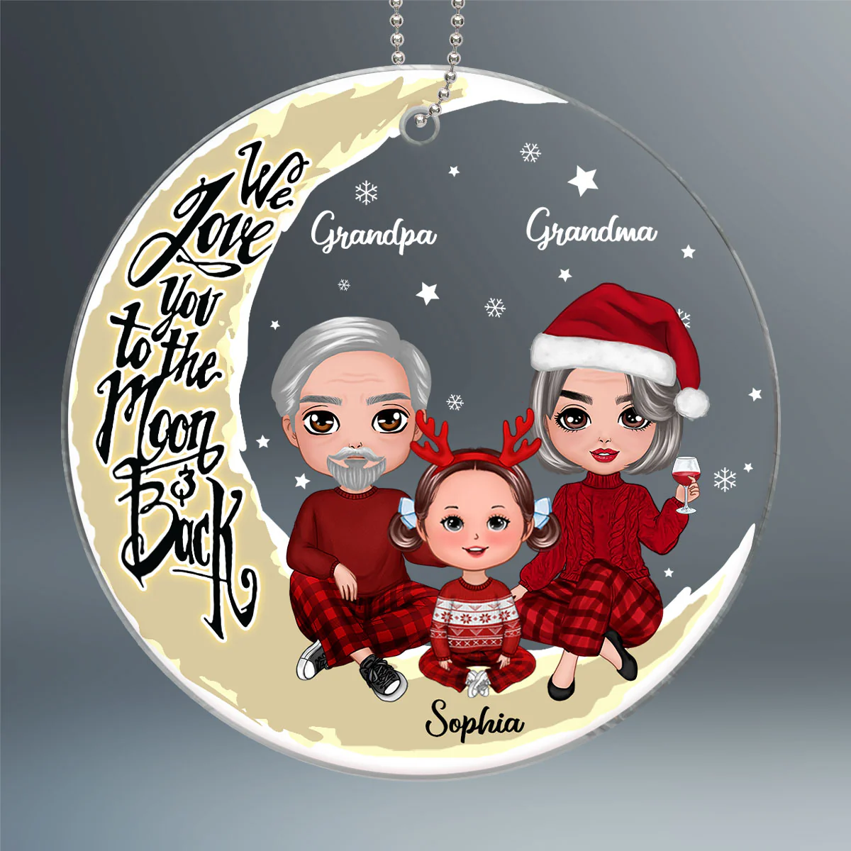 Grandpa Grandma Grandparents & Grandkid On Yellow Moon Personalized Acrylic Ornament - Image 7