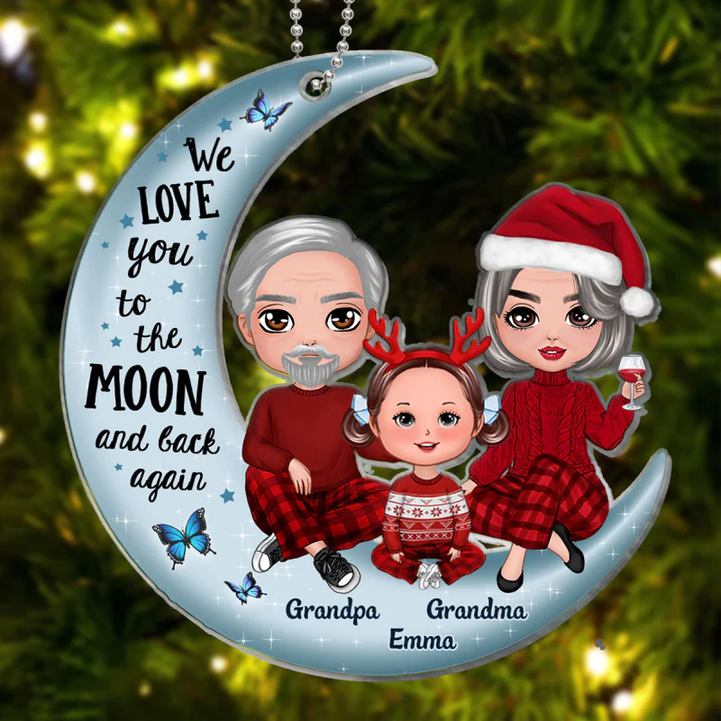 Grandpa Grandma Grandparents & Kid On Moon Christmas Gift - Personalized Acrylic Ornament - Christmas Gift