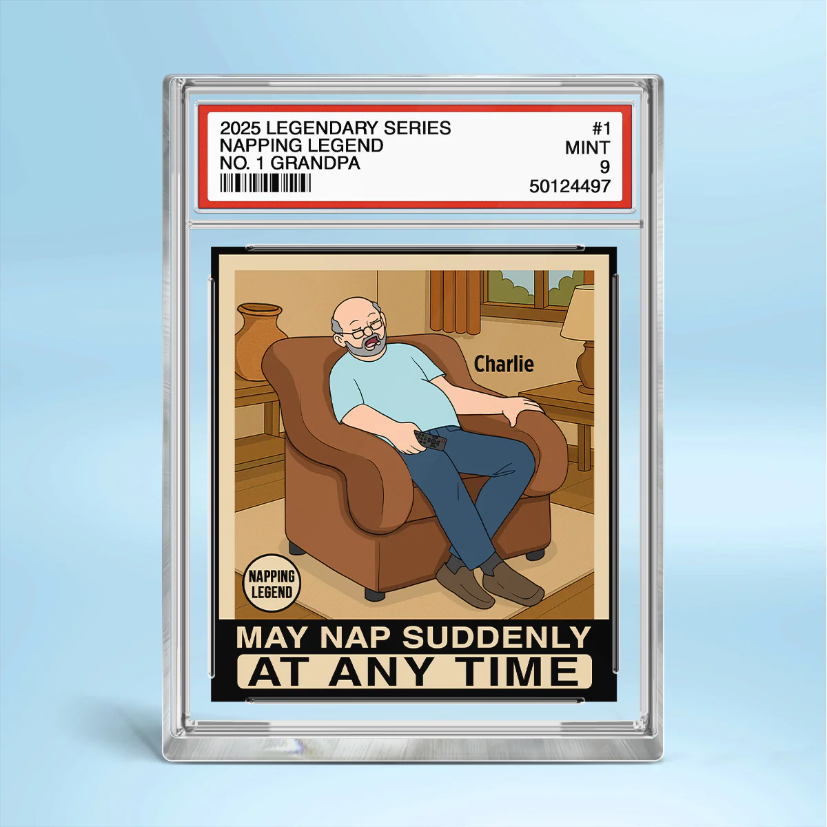 Grandpa Napping King Funny Trading Card Style Personalized Acrylic Block Plaque - Image 2