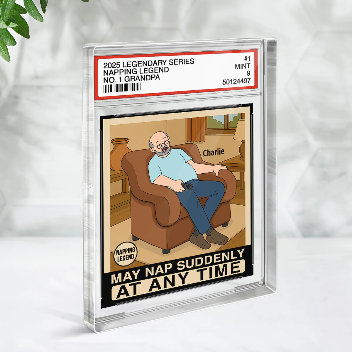 Grandpa Napping King Funny Trading Card Style Personalized Acrylic Block Plaque - Image 3