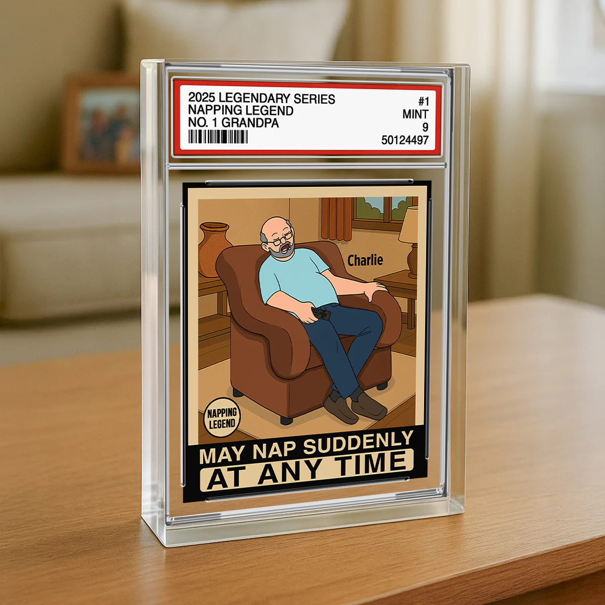 Grandpa Napping King Funny Trading Card Style Personalized Acrylic Block Plaque - Image 4