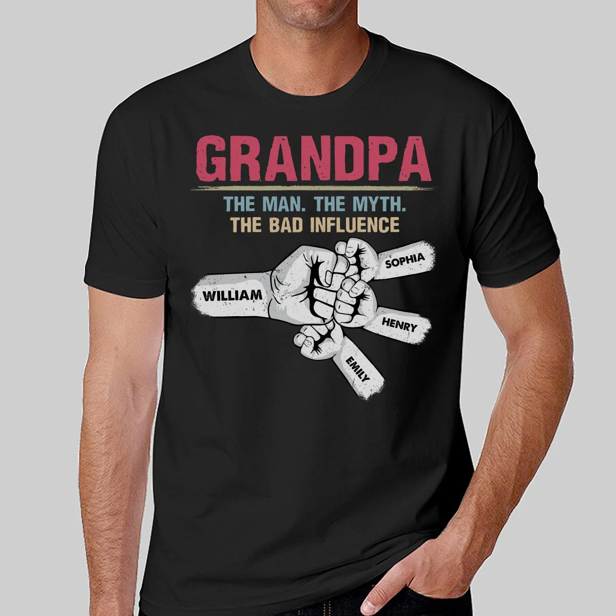 Grandpa Papa The Man The Myth The Bad Influence Fist Bump Personalized Shirt - Image 2