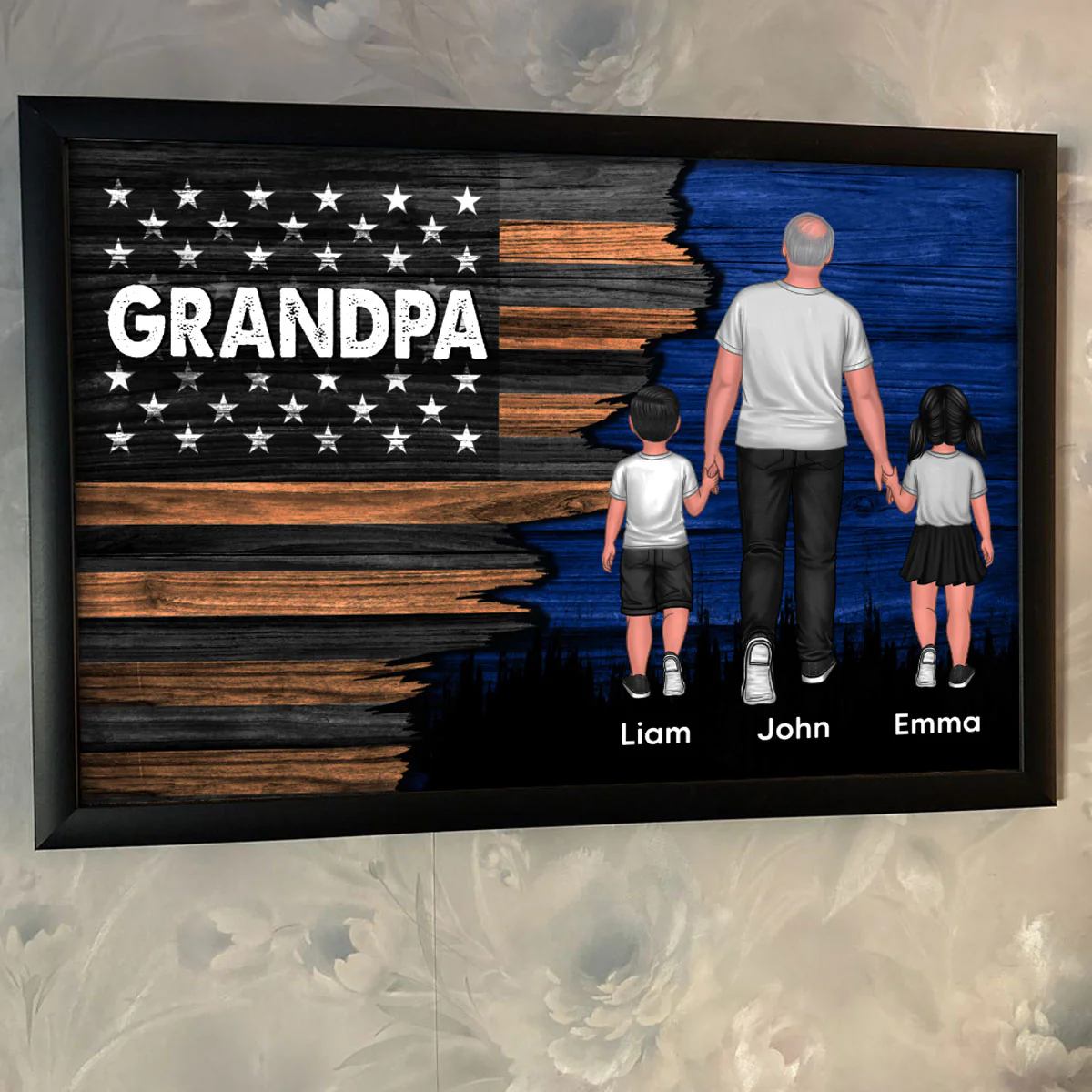 Grandpa Papa Walking With Grandkids Half Nation Flag Personalized Horizontal Poster - Image 3