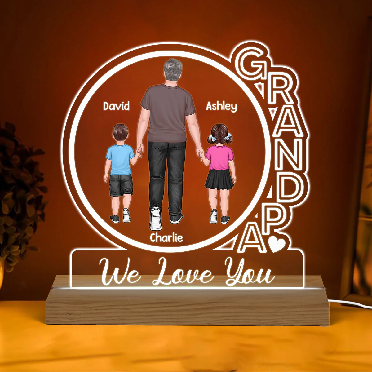 Grandpa We Love You Back View Walking Man & Kids Personalized Custom Shape Acrylic Plaque With Warm LED Night Light