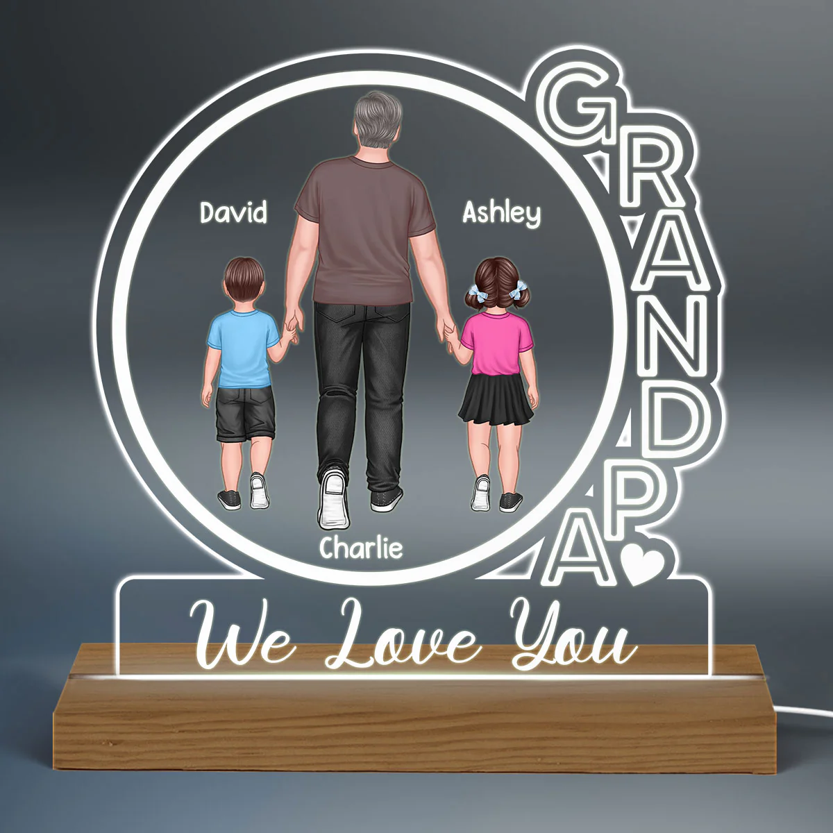 Grandpa We Love You Back View Walking Man & Kids Personalized Custom Shape Acrylic Plaque With Warm LED Night Light - Image 3