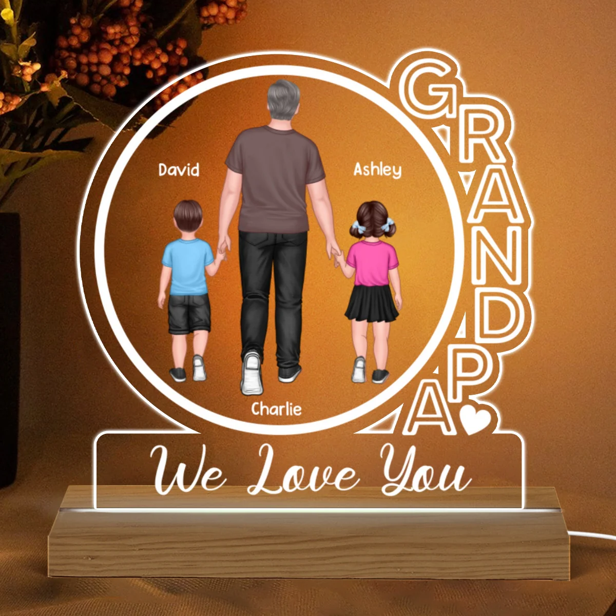 Grandpa We Love You Back View Walking Man & Kids Personalized Custom Shape Acrylic Plaque With Warm LED Night Light - Image 4