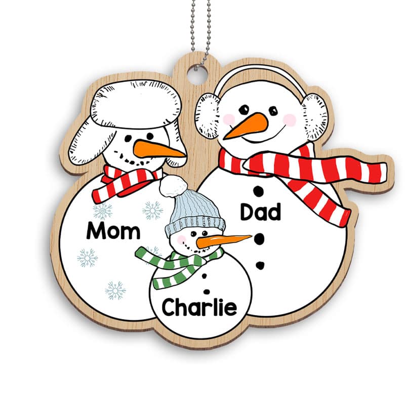 Grandparents Dad Mom Kids Snowman Personalized Wooden Ornament