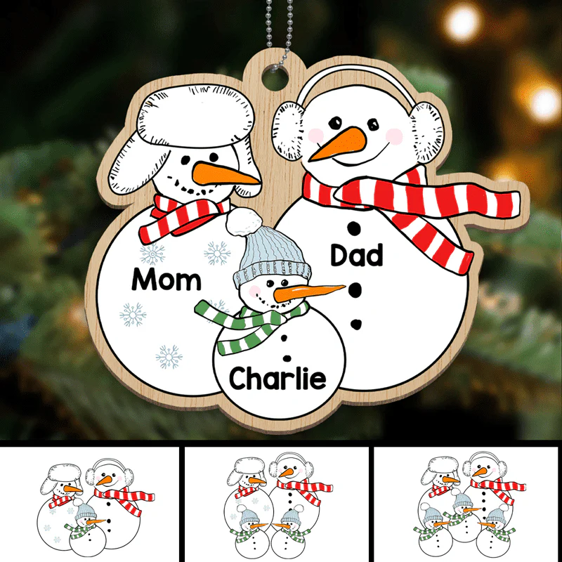 Grandparents Dad Mom Kids Snowman Personalized Wooden Ornament - Image 2