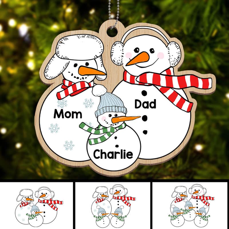 Grandparents Dad Mom Kids Snowman Personalized Wooden Ornament - Image 3