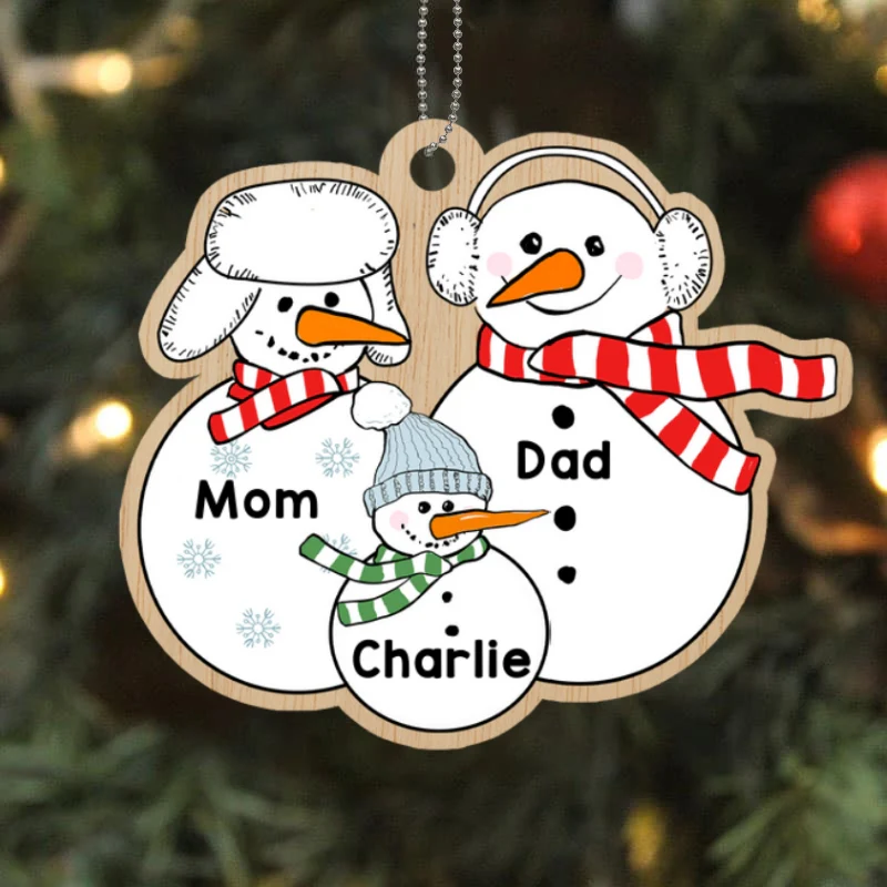 Grandparents Dad Mom Kids Snowman Personalized Wooden Ornament - Image 4