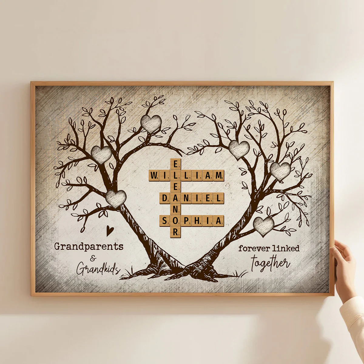 Grandparents & Grandkids Forever Linked Together Heart Tree Puzzle Crossword Art Personalized Poster, Gift For Grandparents, Grandma, Grandpa - Image 4
