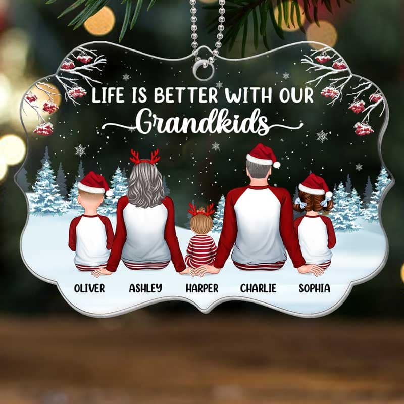 Grandparents & Grandkids Pajamas In Snow Personalized Acrylic Ornament
