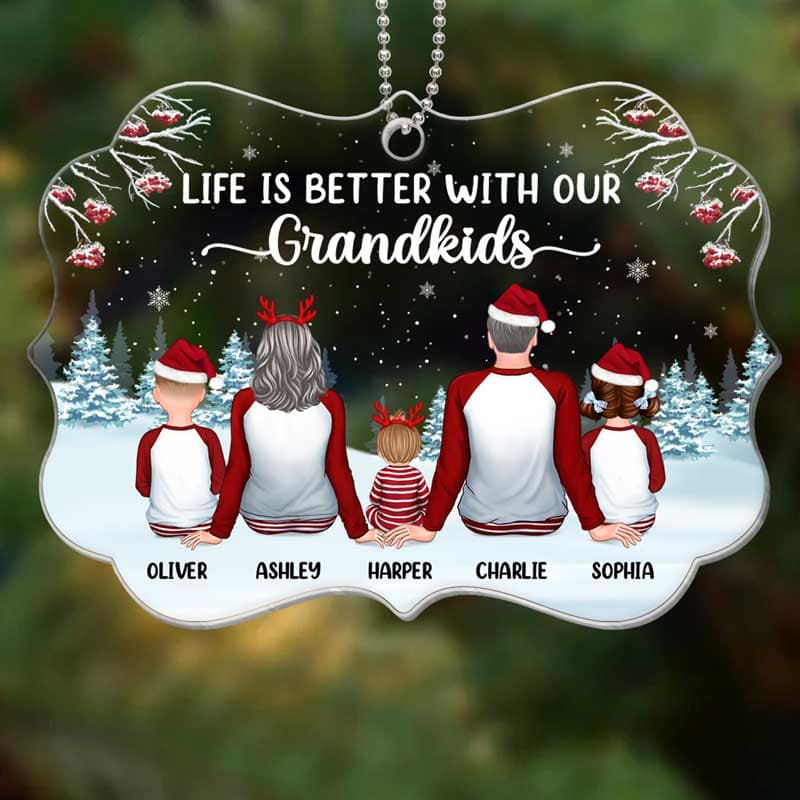 Grandparents & Grandkids Pajamas In Snow Personalized Acrylic Ornament - Image 3
