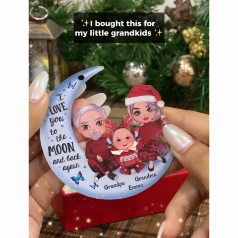 Grandparents & Kid On Moon Baby's First Christmas Acrylic Ornament [Grandparents Nickname Can Be Changed] - Personalized Gift For Grandma, Grandpa - Image 2